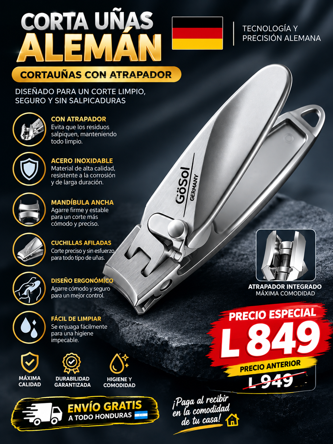 Cortaúñas con atrapador de acero inoxidable de precisión ALEMANA