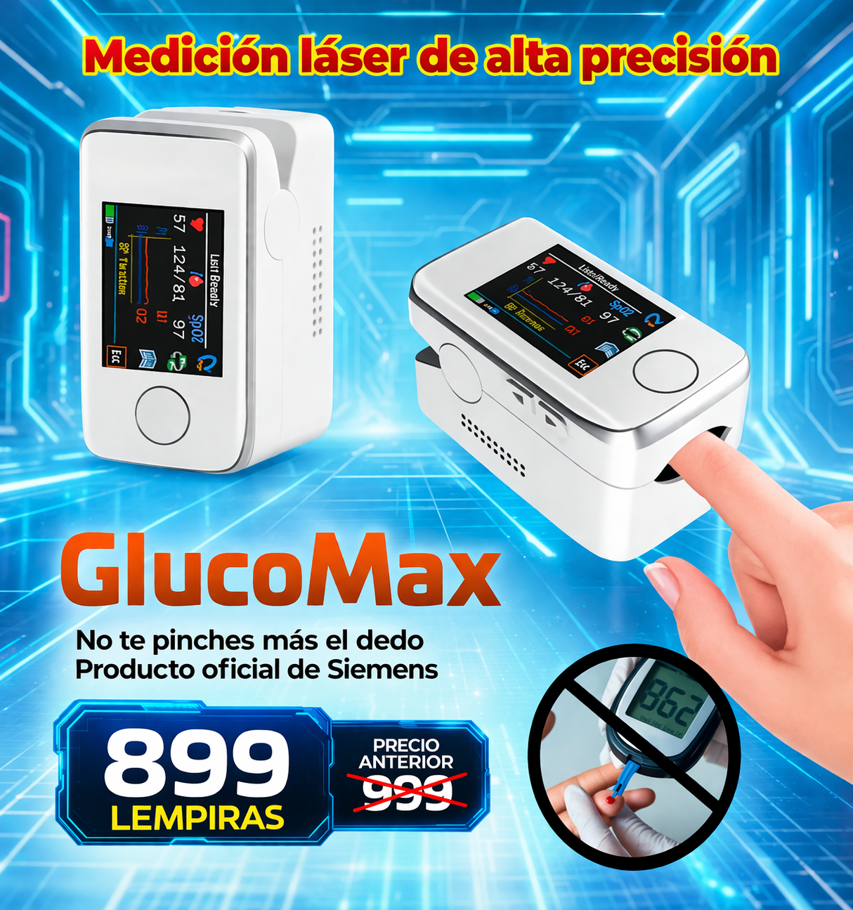 GLUCOMAX Medidor de glucosa láser indoloro - ENVÍO GRATIS